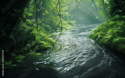 the water flow looking like a delicate thread amidst lush green surroundings