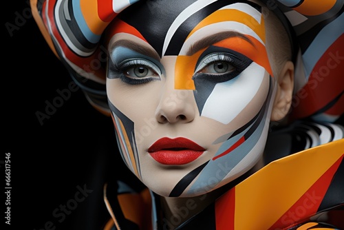 Model in avant-garde makeup and attire  presenting an abstract fashion concept.