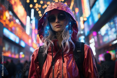 Model in futuristic cyberpunk attire, surrounded by neon city lights.