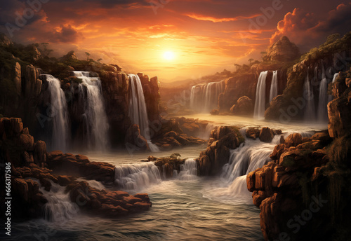 the waterfall with the setting sun behind it © Sticker Me