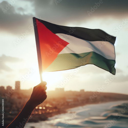 Human hand holding Palestinian flag