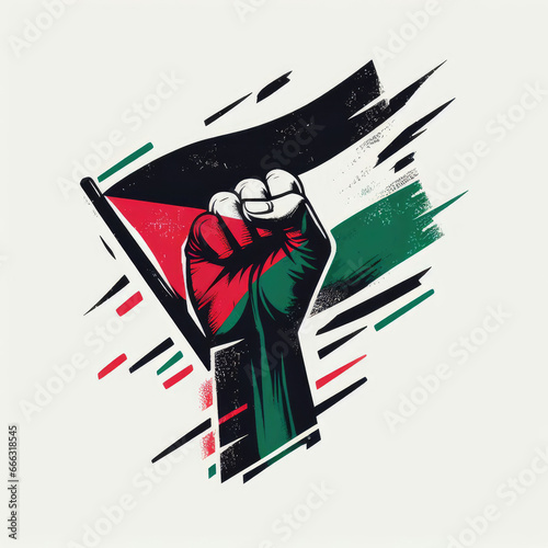Hand shaped fist in front of Palestinian flag photo
