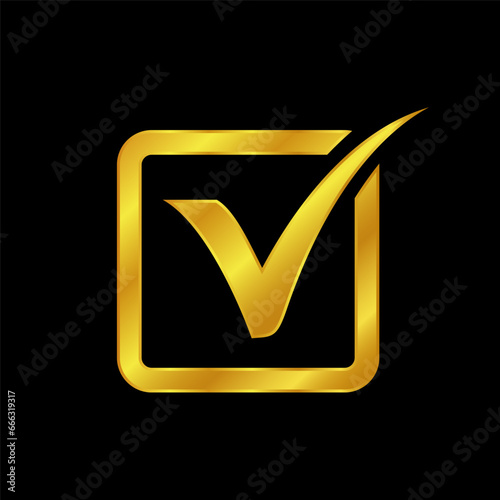gold colored checkmark vector logo template. Simple mark graphic design