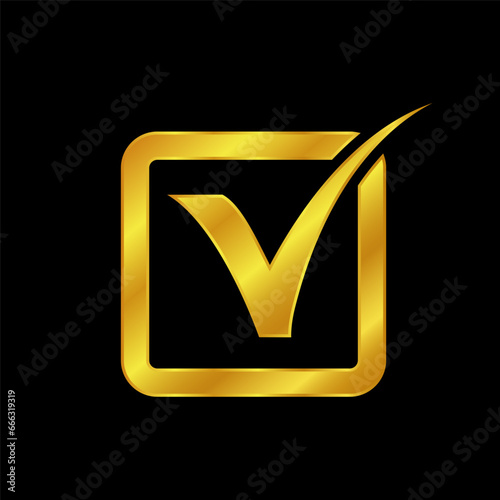 gold colored checkmark vector logo template. Simple mark graphic design