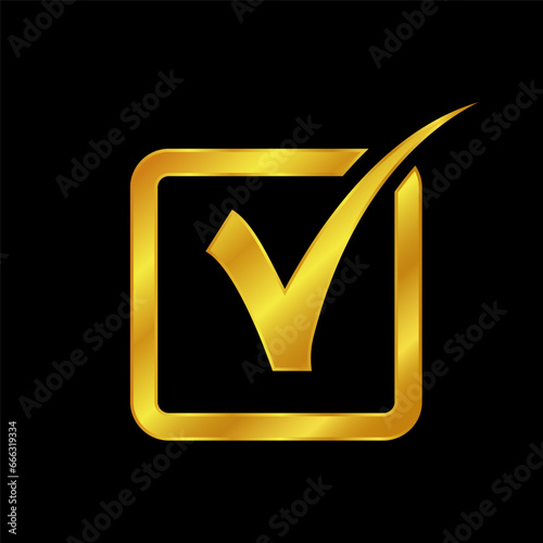 gold colored checkmark vector logo template. Simple mark graphic design