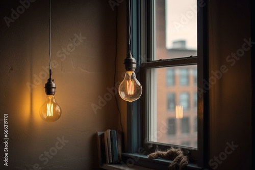 Two light bulbs hanging beside a window with a window sill in a room corner. Generative AI