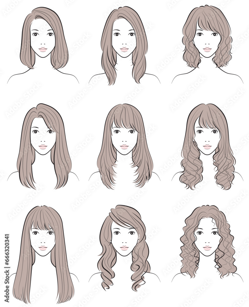 女性のヘアスタイルのイラスト. ヘアスタイルのバリエーション. 女性のヘアスタイルのイラスト. ヘアスタイルのバリエーション.