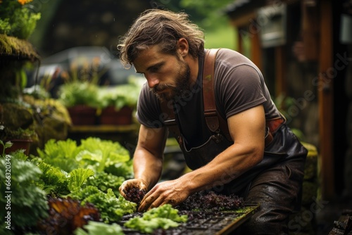 Organic farmer tending to a lush herb garden