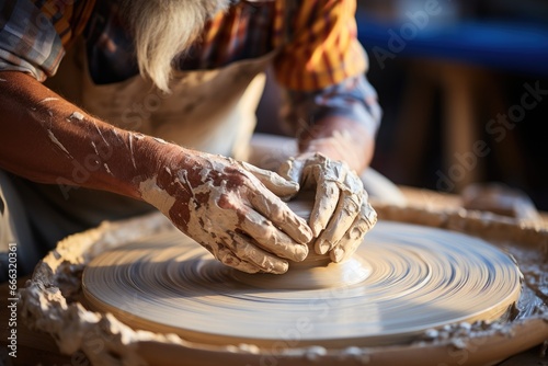 Potter spinning clay on a wheel, crafting delicate ceramics