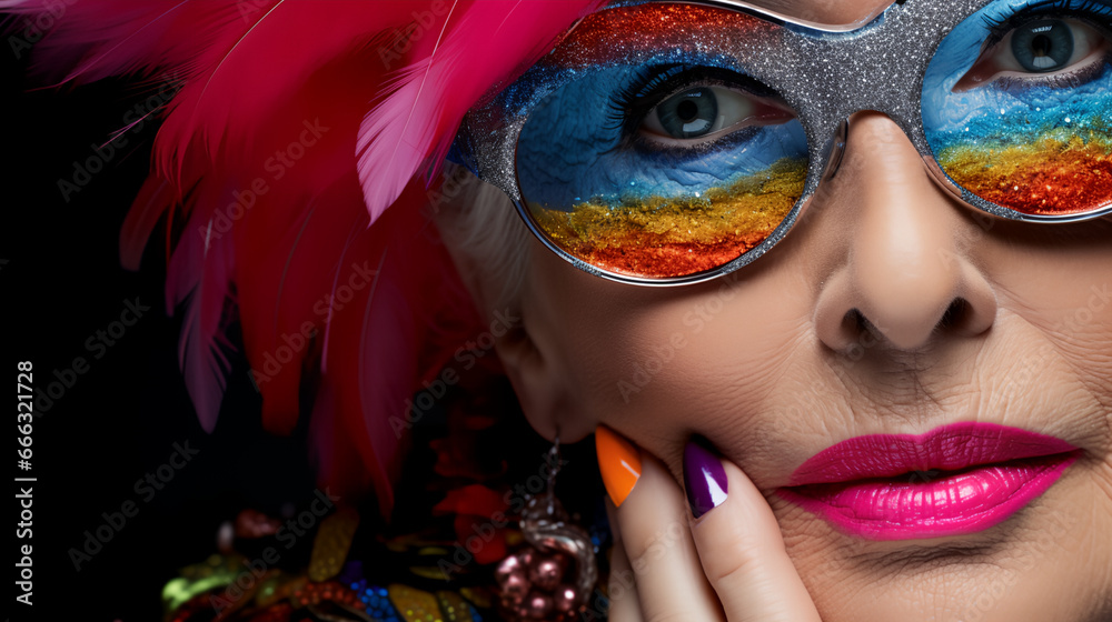 It's a close-up image of a person's face adorned with vibrant and colorful makeup. The makeup features a vivid mix of blue, orange, pink, and other hues, with intricate patterns and designs. 