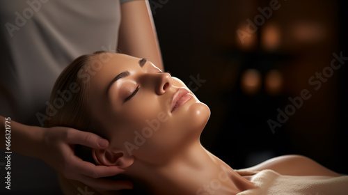 A serene woman receiving a gentle face massage in a dimly lit spa setting.