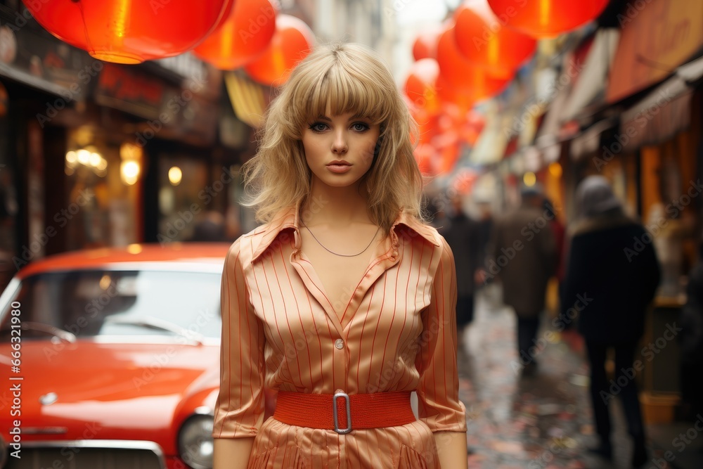 Woman in mod 1960s fashion, London's Carnaby Street scene.