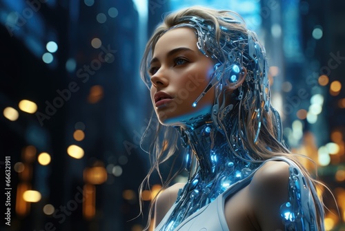 Woman as a futuristic cyborg, neon-lit tech city.