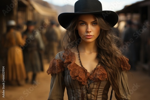 Woman as a wild west gunslinger, dusty town with tumbleweeds and saloon.