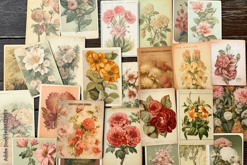 Vintage flower collage sheets for junk journal art prints with antique scrap, ephemera, and vintage cards. Generative AI #666321939
