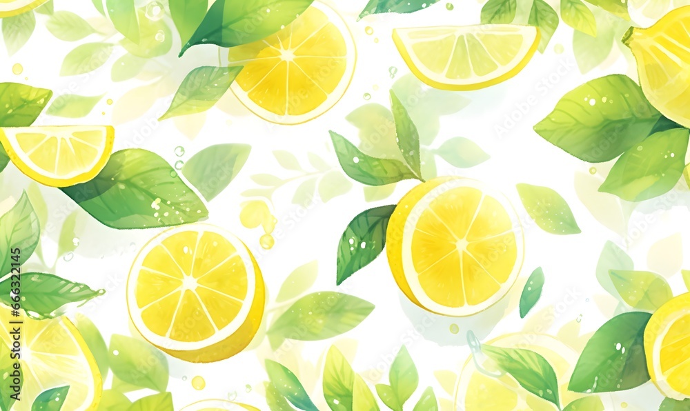 a watercolor decorated with lemons and leaves,Generative AI
