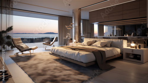 luxury simply minimalist bedroom with ocean theme, giant bed, sofa,