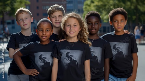 a group of happy kids, in front of school, wearing T-shirts for reuse