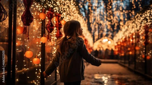 A silhouette of a child marveling at holiday displays 