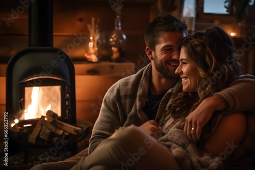 couple sitting next to a fireplace in a cozy cabin