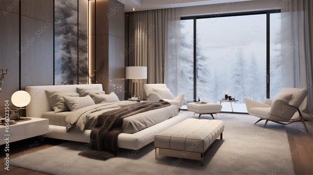 Obraz premium luxury simply minimalist bedroom with winter theme, giant bed, sofa,