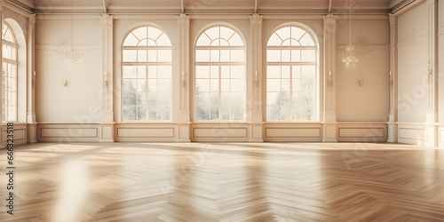 Elegant vintage banquet hall with spacious windows and light-colored interiors