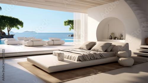 luxury simply minimalist bedroom with summer theme, giant bed, sofa, © Maizal