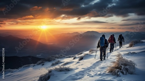 Silhouettes of skiers descending the evening slope  © Halim Karya Art