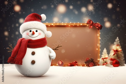 Adorable snowman with empty banner in a Christmas theme. Generative AI © Saffron