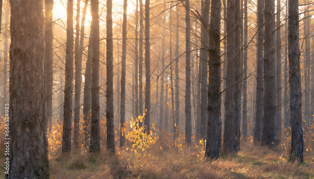 Autumn forest shining in the late afternoon sunset