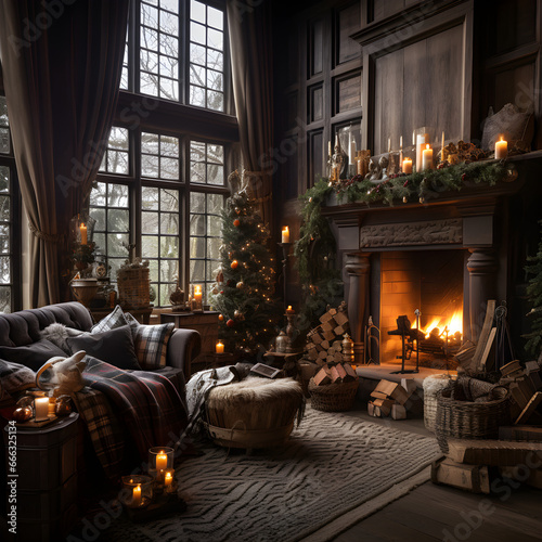 Cozy Christmas vibes in a festively adorned room with a crackling fireplace