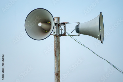 loudspeakers installed on the pillars of a mosque and used to make the call to prayer