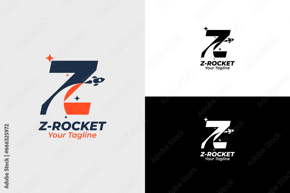 Modern Rocket Logo and letter z. Simple Flying Rocket with Speed ​​Comet Wave isolated on White Background. Can be used for Business and Technology Logos. Flat Vector Logo Design Template Elements.