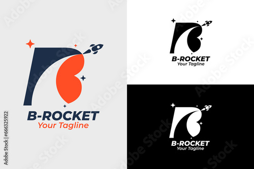 Modern Rocket Logo and letter b. Simple Flying Rocket with Speed ​​Comet Wave isolated on White Background. Can be used for Business and Technology Logos. Flat Vector Logo Design Template Elements.