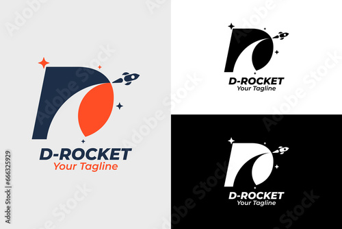 Modern Rocket Logo and letter d. Simple Flying Rocket with Speed ​​Comet Wave isolated on White Background. Can be used for Business and Technology Logos. Flat Vector Logo Design Template Elements.