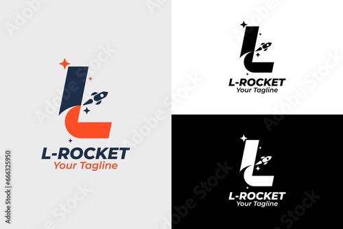 Modern Rocket Logo and letter l. Simple Flying Rocket with Speed ​​Comet Wave isolated on White Background. Can be used for Business and Technology Logos. Flat Vector Logo Design Template Elements.