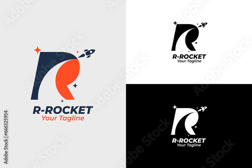 Modern Rocket Logo and letter r. Simple Flying Rocket with Speed ​​Comet Wave isolated on White Background. Can be used for Business and Technology Logos. Flat Vector Logo Design Template Elements.