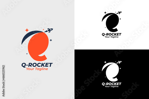 Modern Rocket Logo and letter q. Simple Flying Rocket with Speed ​​Comet Wave isolated on White Background. Can be used for Business and Technology Logos. Flat Vector Logo Design Template Elements.