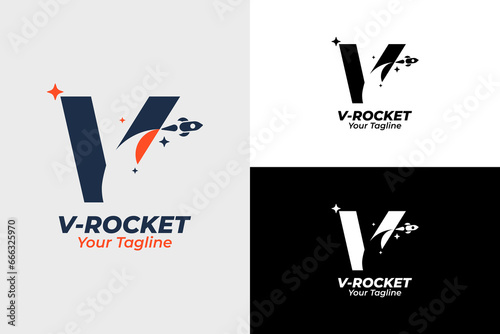 Modern Rocket Logo and letter v. Simple Flying Rocket with Speed ​​Comet Wave isolated on White Background. Can be used for Business and Technology Logos. Flat Vector Logo Design Template Elements.