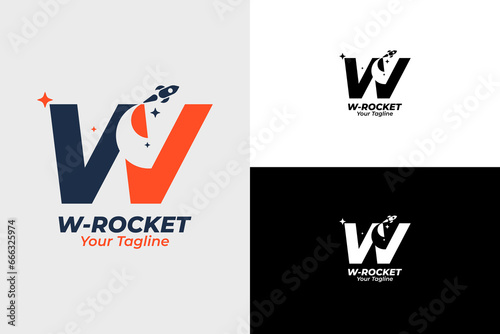 Modern Rocket Logo and letter w. Simple Flying Rocket with Speed ​​Comet Wave isolated on White Background. Can be used for Business and Technology Logos. Flat Vector Logo Design Template Elements.