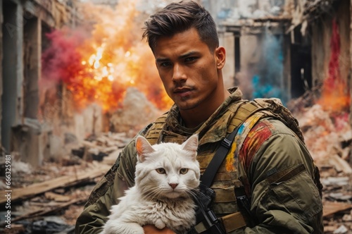 A warrior soldier holds a white cat that was saved from destruction due to war