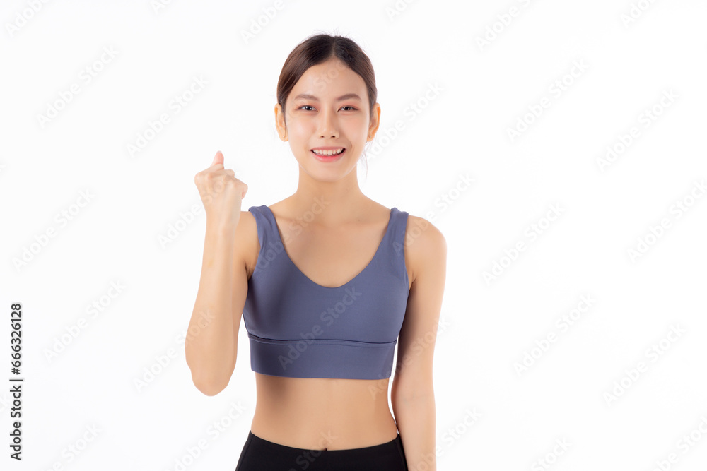 Portrait of beautiful young asian woman in sportswear gesture success isolated on white background, sport and exercise for health, training and strength, female slimming with confident. Portrait of beautiful young asian woman in sportswear gesture success isolated on white background, sport and exercise for health, training and strength, female slimming with confident.