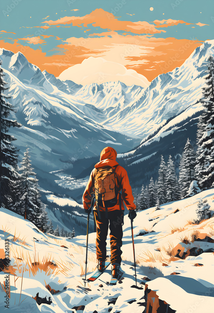 Winter Wonderland, Vintage Ski Vacation Poster with Pop Colors