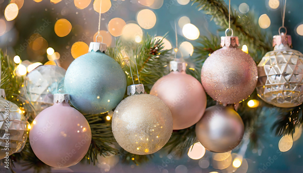 Christmas pastel colored baubles with beautiful bokeh lights Christmas pastel colored baubles with beautiful bokeh lights