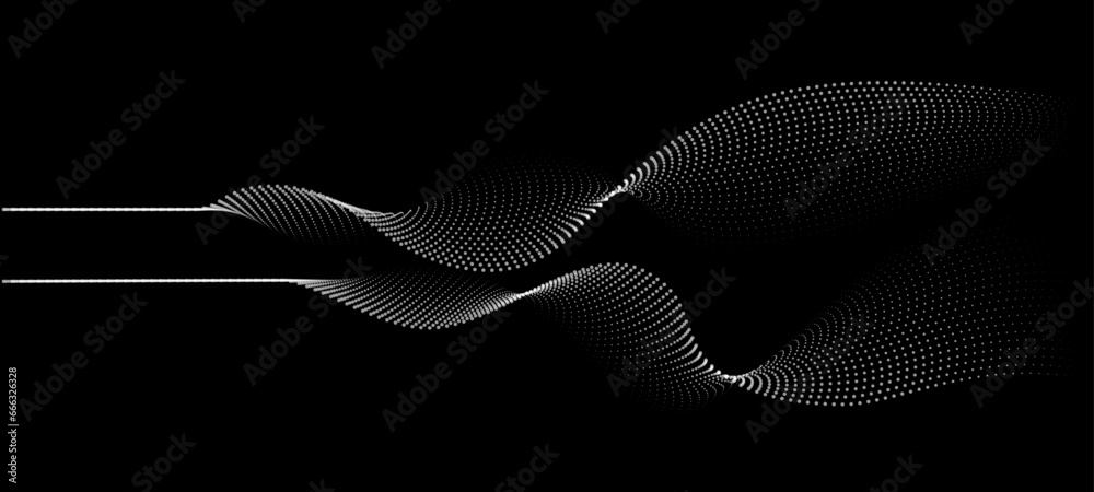 Flowing dots particles wave pattern 3D curve halftone white curve shape isolated on black background. Vector in concept of technology, science, music, modern. Flowing dots particles wave pattern 3D curve halftone white curve shape isolated on black background. Vector in concept of technology, science, music, modern.