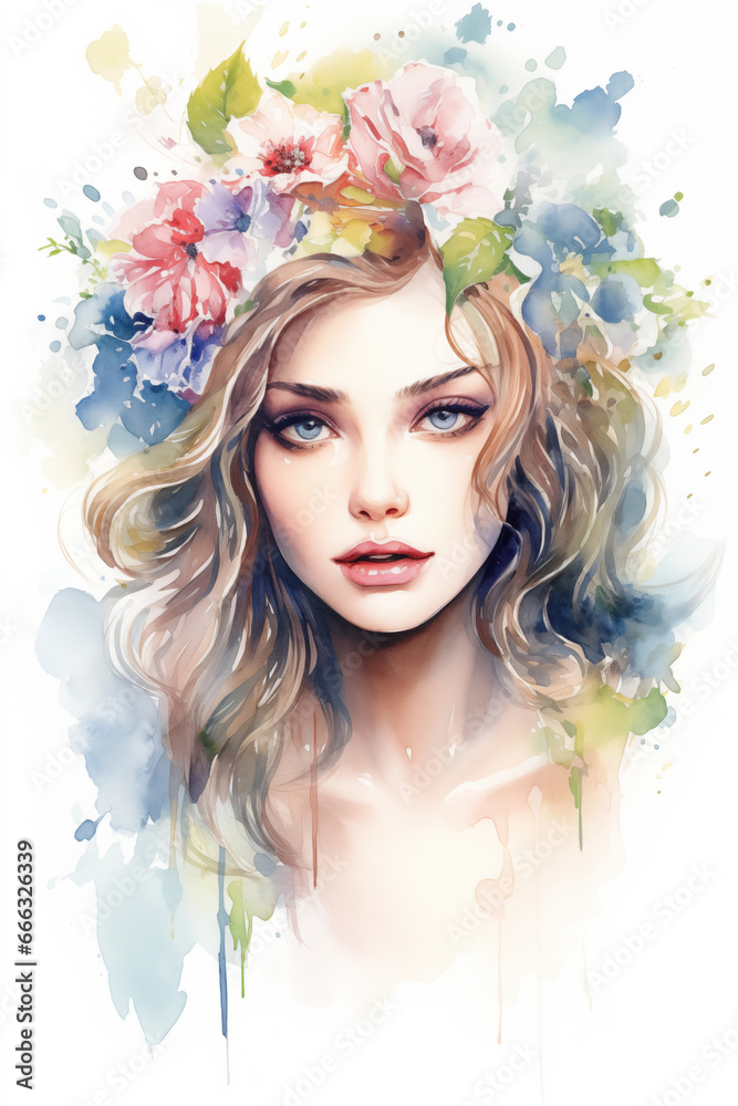 Watercolor female portrait, young girl, fictional non-existent character generated by AI. Illustration on a white background