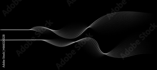 Flowing dots particles wave pattern 3D curve halftone white curve shape isolated on black background. Vector in concept of technology, science, music, modern.