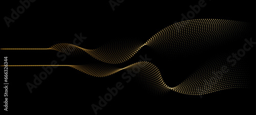 Flowing dots particles wave pattern 3D curve halftone gold gradient curve shape isolated on black background. Vector in concept of luxury, technology, science, music, modern.