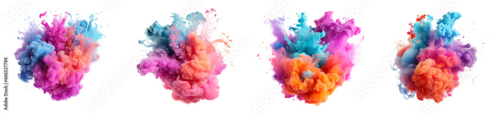 Fototapeta premium Set of colorful pastel acrylic ink watercolor paint splashes, Abstract background. Color explosion elements for design, isolated on white and transparent background