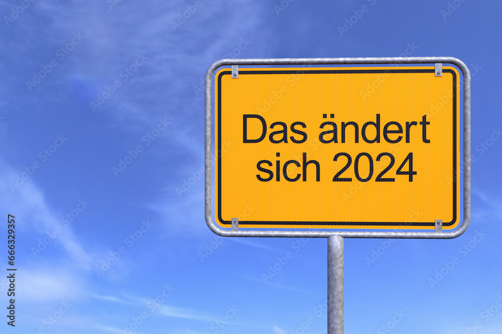 3d Illustration - Ortsschild - Ortstafel - Das aendert sich 2024 - Himmel - Wolken